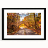 Colorful abstract art print of Acadia, Maine, in vibrant hues on a large framed canvas, ideal for living room decor.