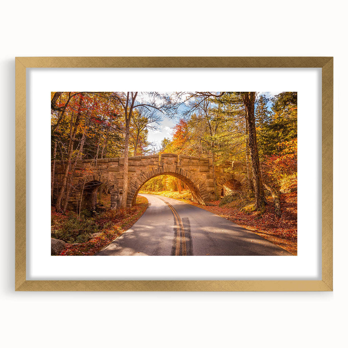 Extra large abstract art print of Acadia, Maine in textured style with muted earth tones, framed in gold.