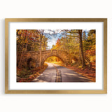 Extra large abstract art print of Acadia, Maine in textured style with muted earth tones, framed in gold.