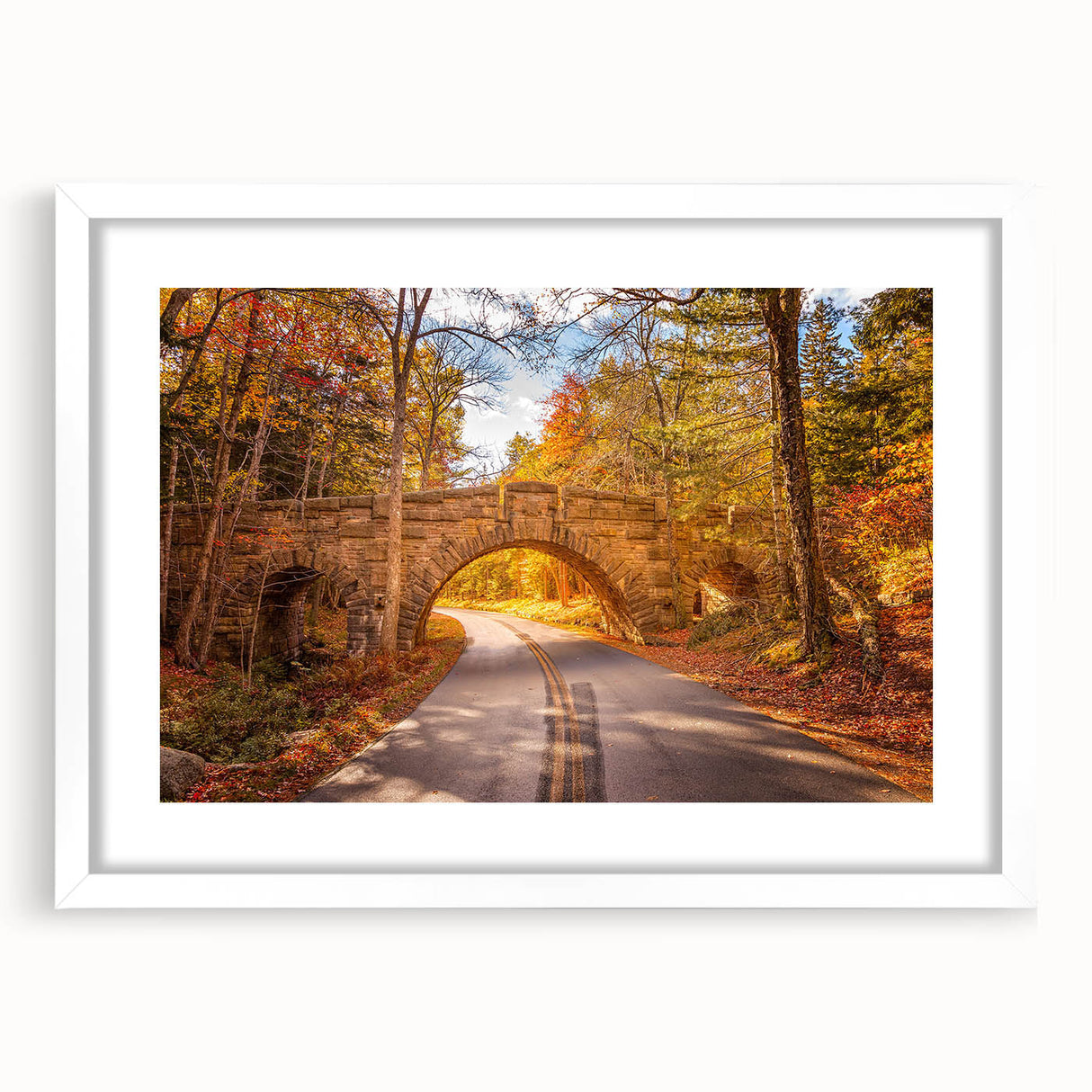 Abstract art print of Acadia, Maine in muted earth tones on a framed white mat, suitable for bedroom or dining room decor.