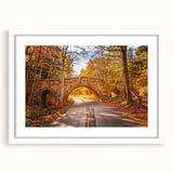 Abstract art print of Acadia, Maine in muted earth tones on a framed white mat, suitable for bedroom or dining room decor.