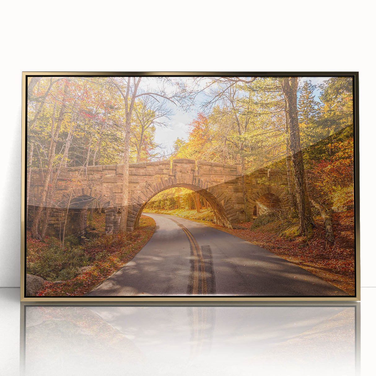 Acadia National Park landscape on gold-framed acrylic, featuring green and blue tones, ideal for modern art wall decor.