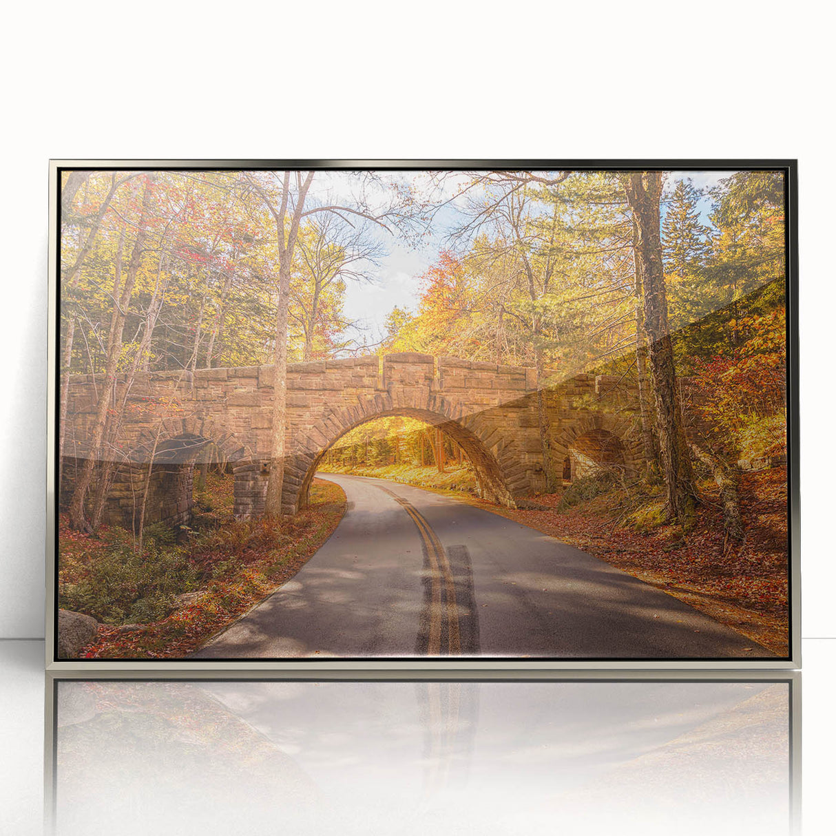 Acadia National Park scenery on silver-framed acrylic, featuring mid-century modernist style in muted earth tones.