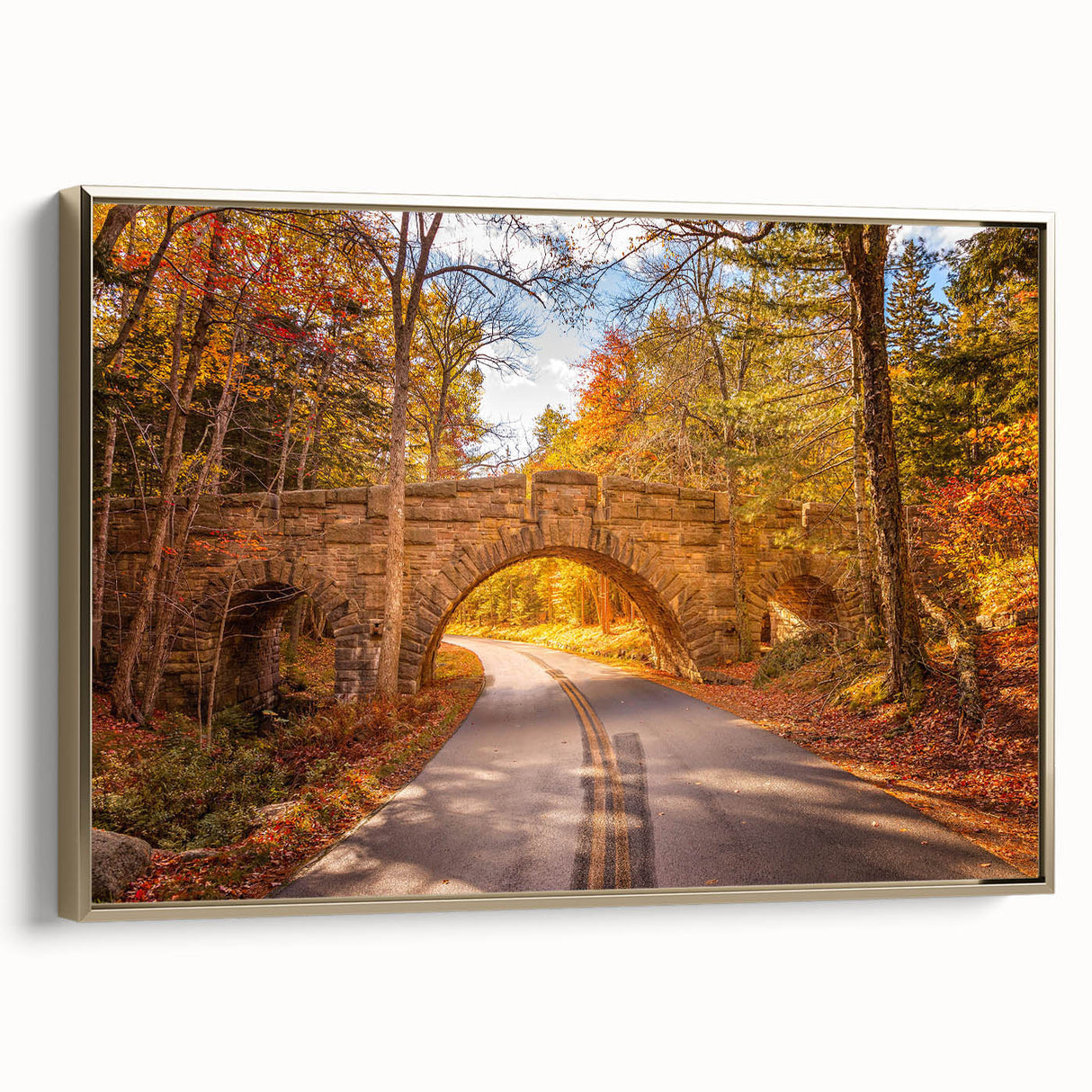 Landscape art painting of Acadia, Maine on framed canvas with vintage poster style in colorful and black tones.