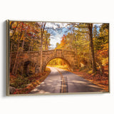 Landscape art painting of Acadia, Maine on framed canvas with vintage poster style in colorful and black tones.