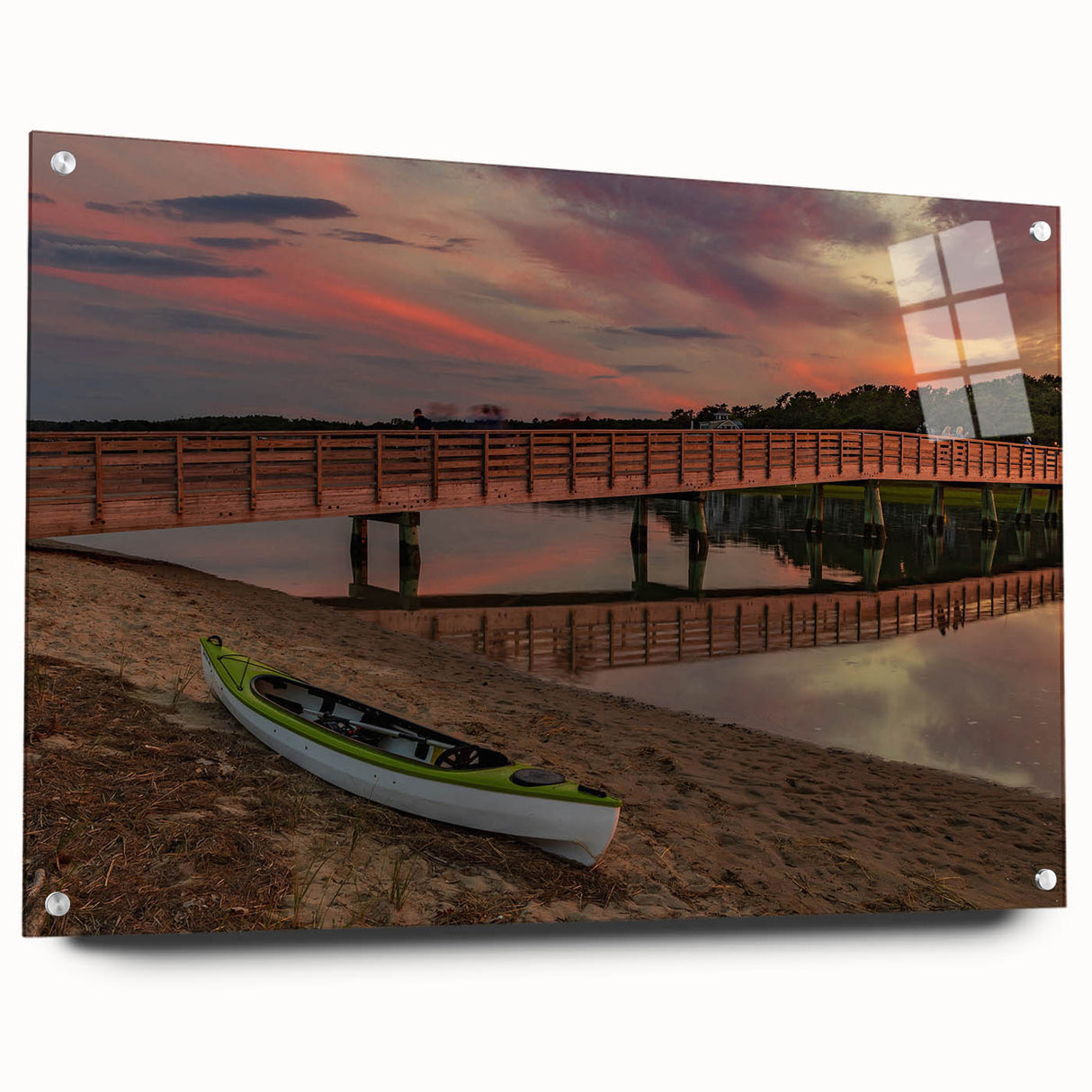 Acrylic glass print of a Maine scenery in muted blue and green tones, suitable for dining room or bedroom decor.