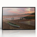 Large abstract wall art depicting a serene Maine landscape in muted earth tones, framed in black acrylic.