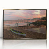 Large art print of a Maine coastal scene in muted blue and gray tones, framed in gold acrylic.