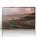 Mid-century modernist art depicting a serene Maine landscape in cool blue and green tones.