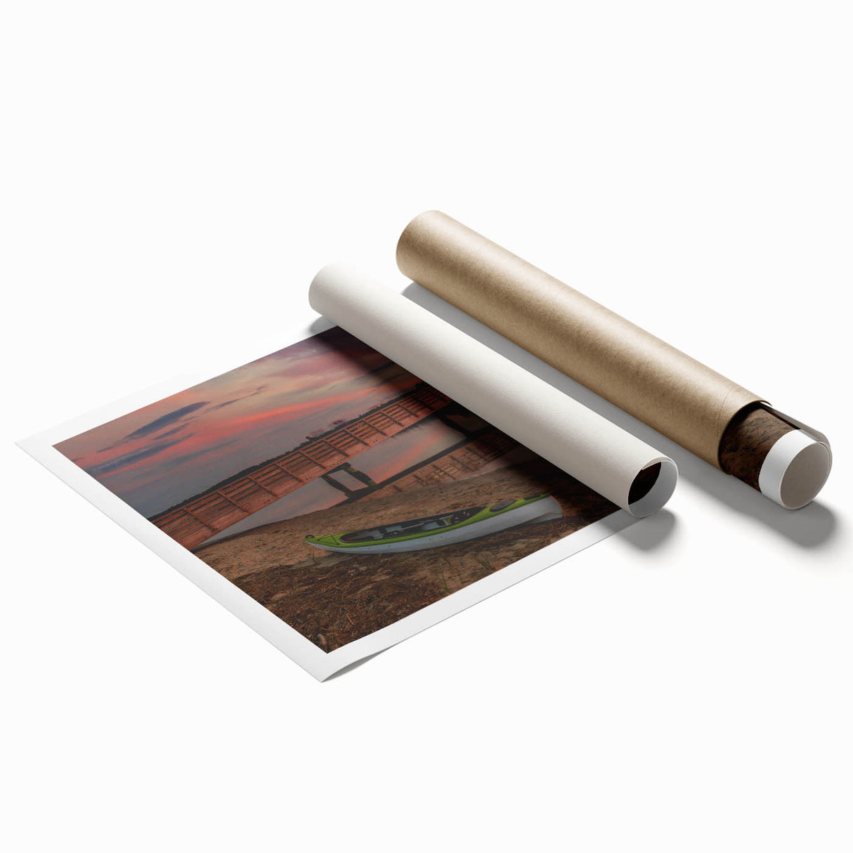 Extra large rolled print of a serene Maine landscape, featuring muted green and blue tones.