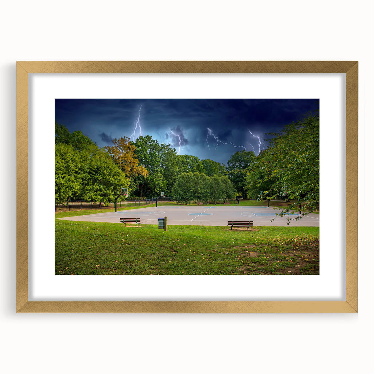 Abstract art print of Charlotte skyline in textured gold frame, ideal for extra large living room wall art.