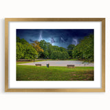 Abstract art print of Charlotte skyline in textured gold frame, ideal for extra large living room wall art.