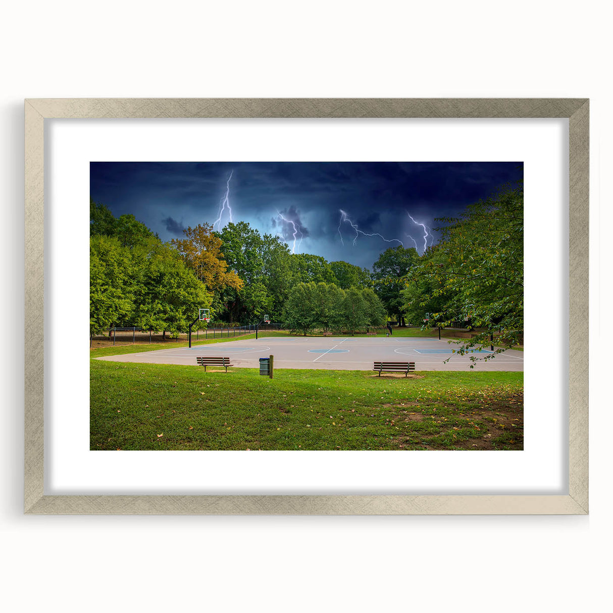 Textured abstract art print of Charlotte skyline in muted blue and gray tones on framed silver mat, suitable for bedroom art.
