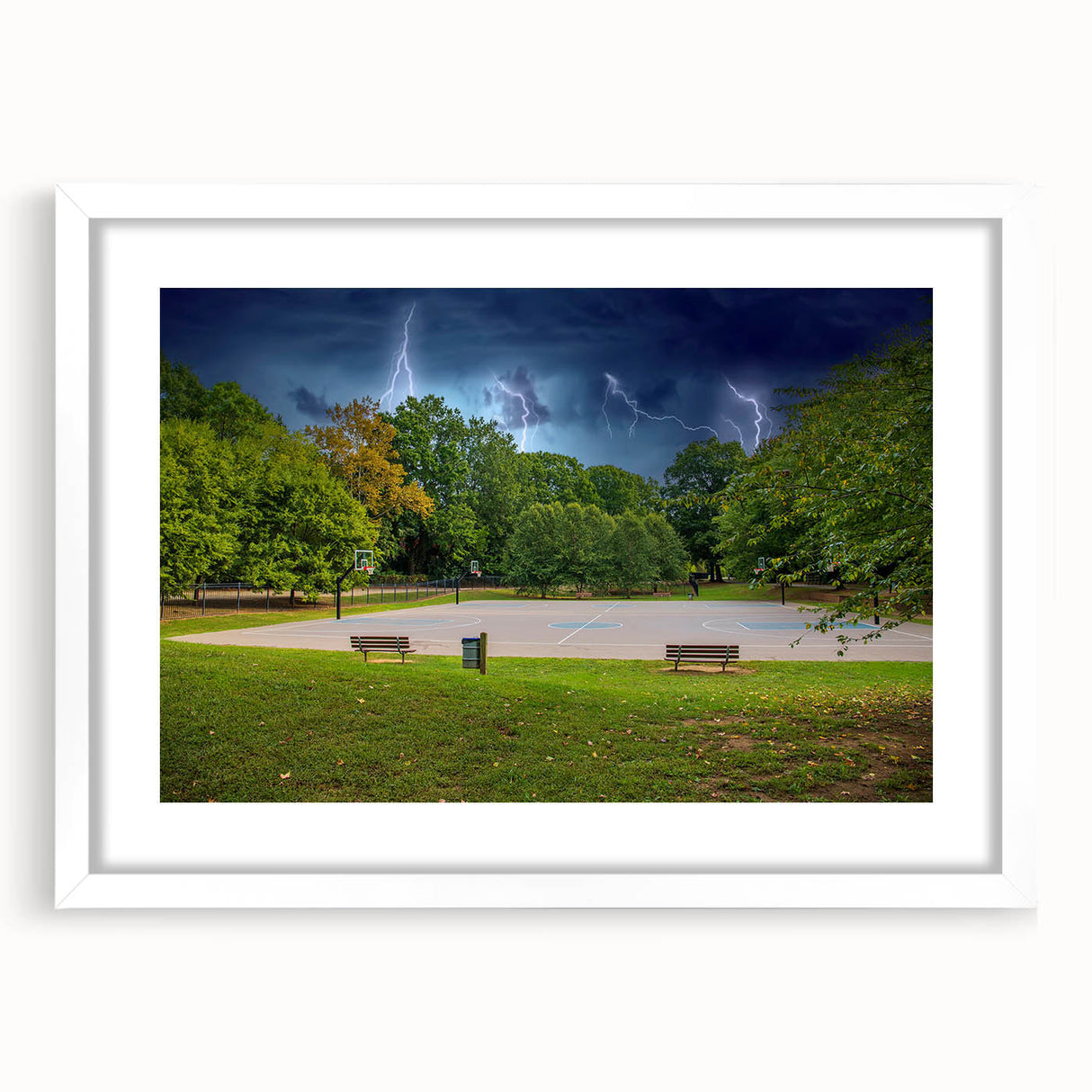 Abstract art print of Charlotte skyline in muted gray and blue tones on a framed white mat, ideal for dining room decor.