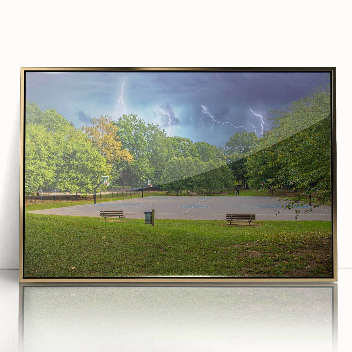 Mid-century modernist art of Charlotte, North Carolina skyline in gold and blue tones on framed acrylic.