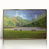 Mid-century modernist art of Charlotte, North Carolina skyline in gold and blue tones on framed acrylic.