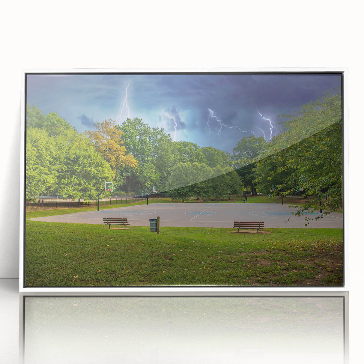 Acrylic print of Charlotte skyline in muted gray and blue tones, suitable for modern art wall decor.