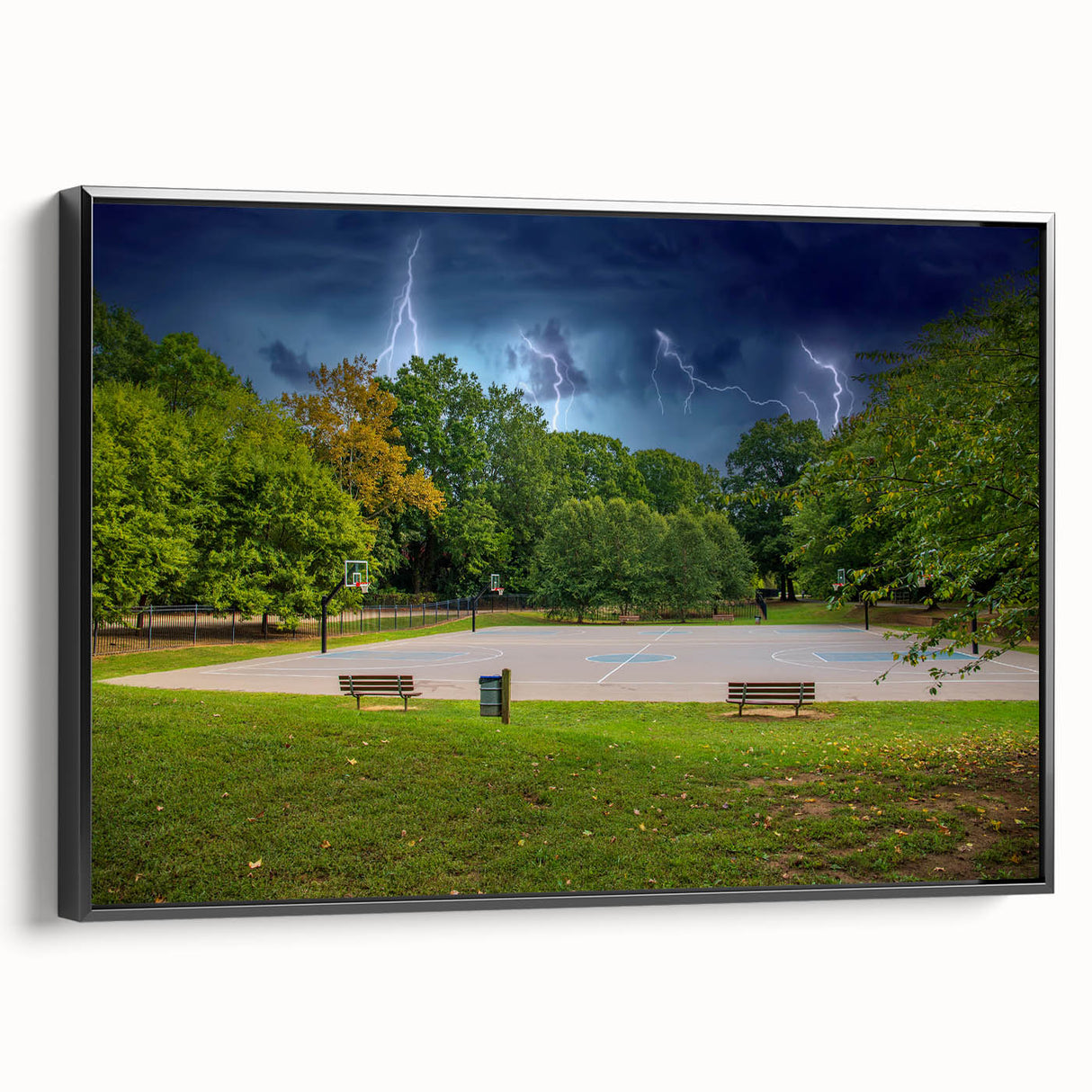 Black and white wall art featuring a vintage poster style landscape of Charlotte, North Carolina on a framed canvas.