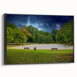 Black and white wall art featuring a vintage poster style landscape of Charlotte, North Carolina on a framed canvas.
