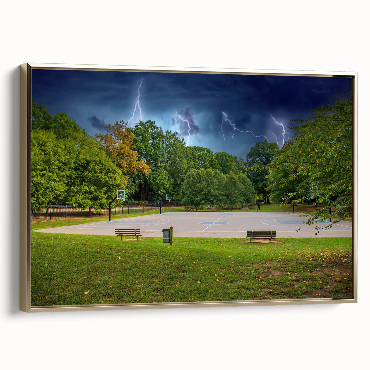 Framed canvas of Charlotte, North Carolina skyline in black and gold tones, ideal for bedroom wall art.