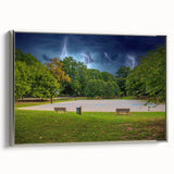 Framed canvas of Charlotte, North Carolina skyline in vintage poster style with silver frame.