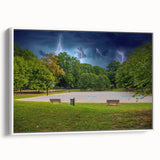 Vintage poster art of Charlotte skyline in vibrant colors on a large framed canvas, suited for living room decor.