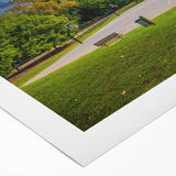 Art deco poster of Charlotte skyline in muted gray and blue tones on rolled canvas, suitable for dining room wall art.