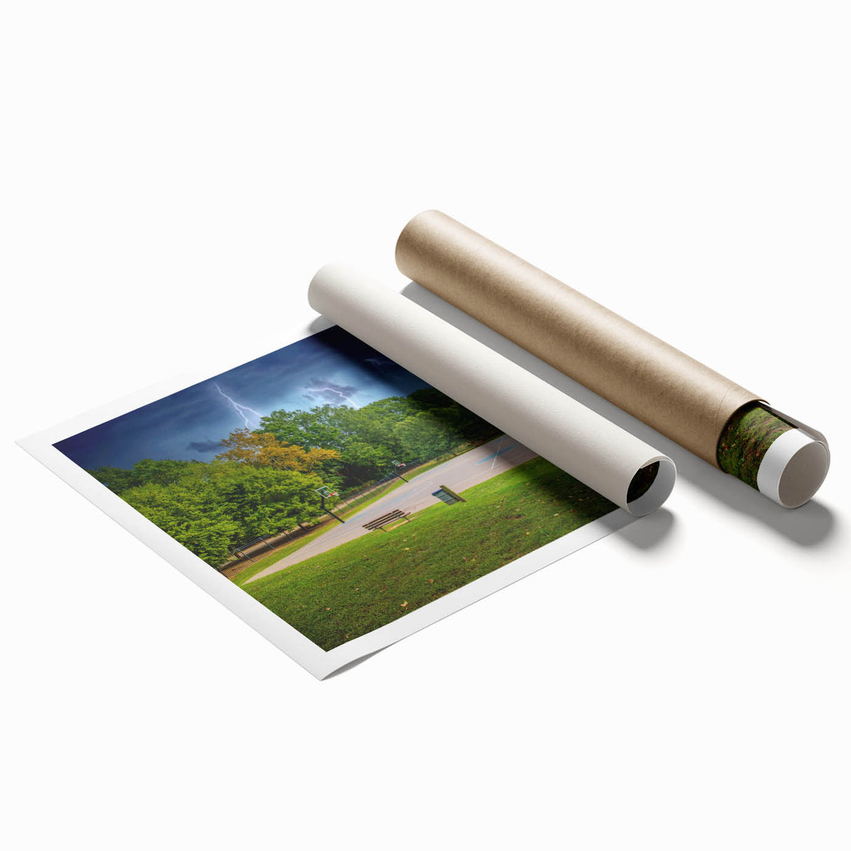 Extra large rolled print of Charlotte, North Carolina skyline in muted gray and blue tones.