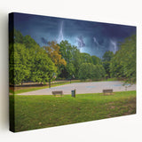 Charlotte, North Carolina skyline depicted in muted blue and gray tones on a large stretched canvas.