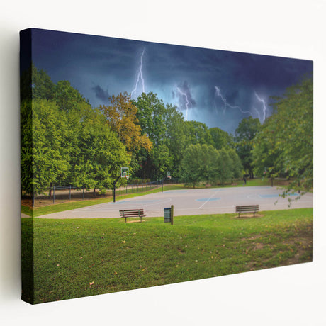 Charlotte, North Carolina skyline depicted in muted blue and gray tones on a large stretched canvas.