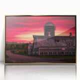 Mid-century modernist Vermont landscape on large acrylic print with gold frame, suited for modern art wall decor.
