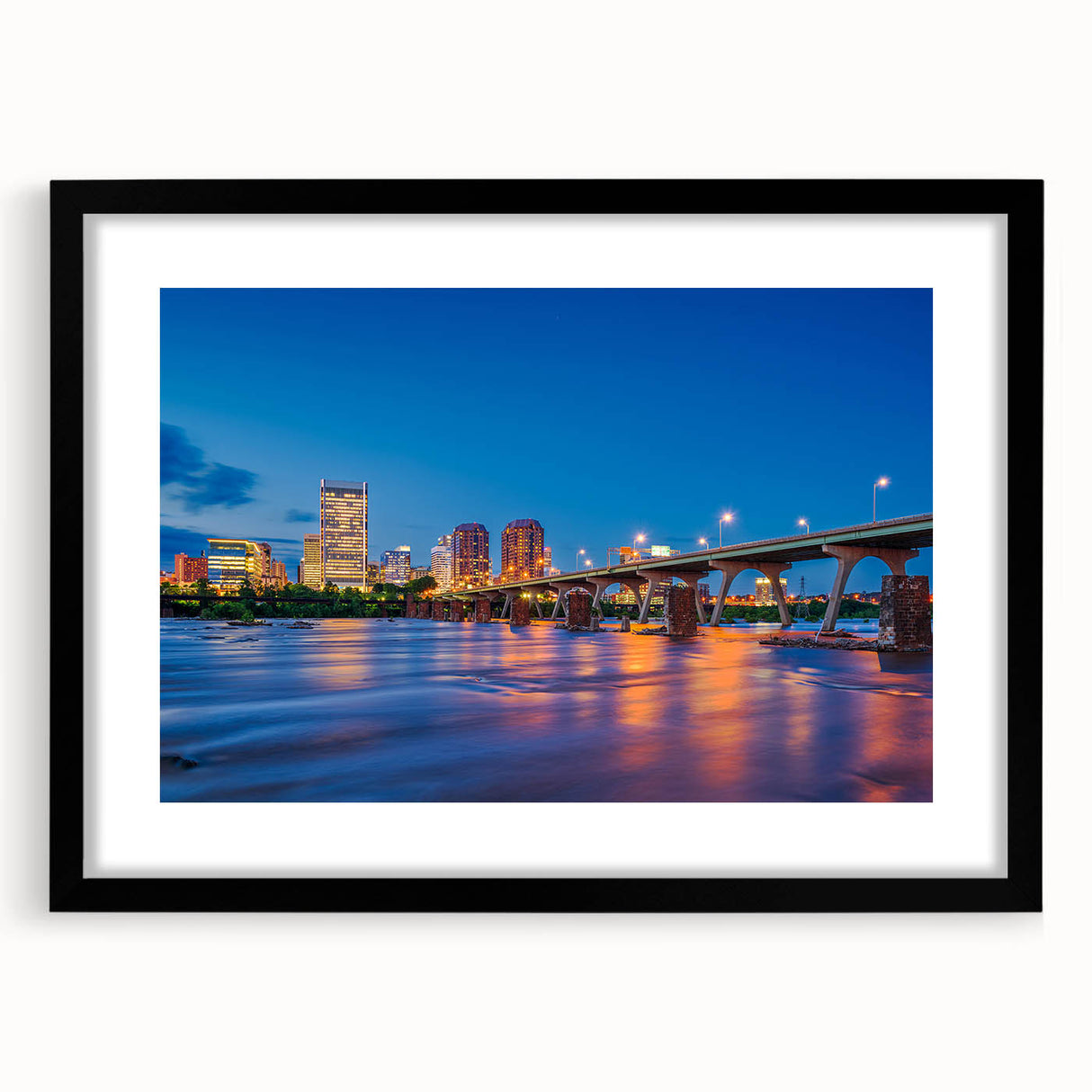 Extra large abstract art print featuring textured, colorful art of Virginia scenery in a black frame.