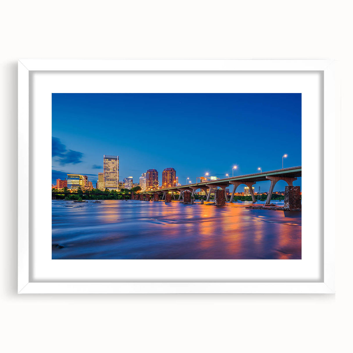 Abstract art print of Virginia scenery in muted green and blue tones on a white framed canvas.