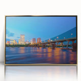 Large art print of Virginia scenery in mid-century modernist style, featuring muted earth tones on framed acrylic.