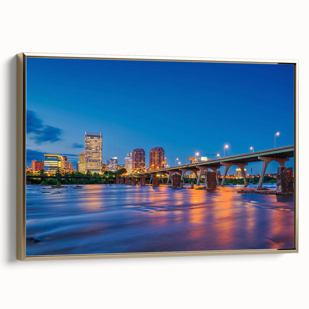 Framed canvas wall art featuring a vintage poster of a Virginia landscape in black and gold tones, ideal for bedroom decor.