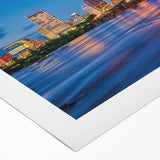 Art deco poster depicting a serene Virginia landscape in muted green and blue tones, ideal for dining room wall art.