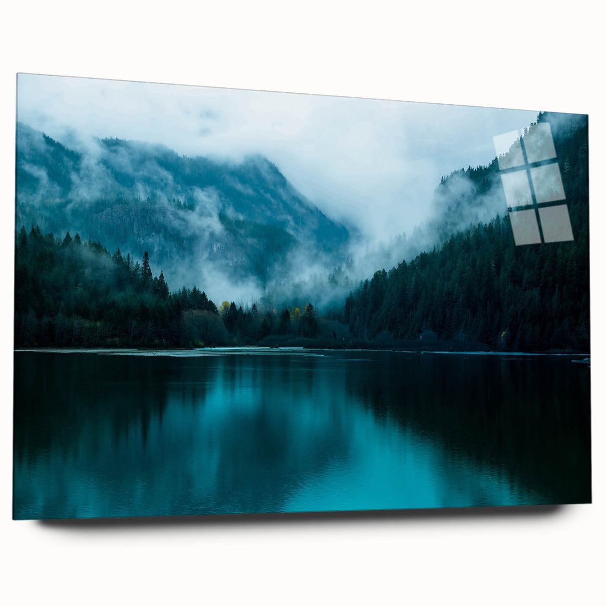Large abstract depiction of Seattle skyline in muted blue and gray tones on acrylic glass.