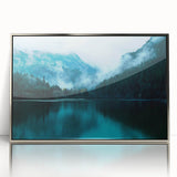 Mid-century modernist Seattle skyline in muted gray and blue tones on a framed acrylic, ideal for modern art wall decor.