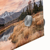 Large abstract depiction of the Grand Tetons in muted earth tones on acrylic glass, ideal for dining room art.