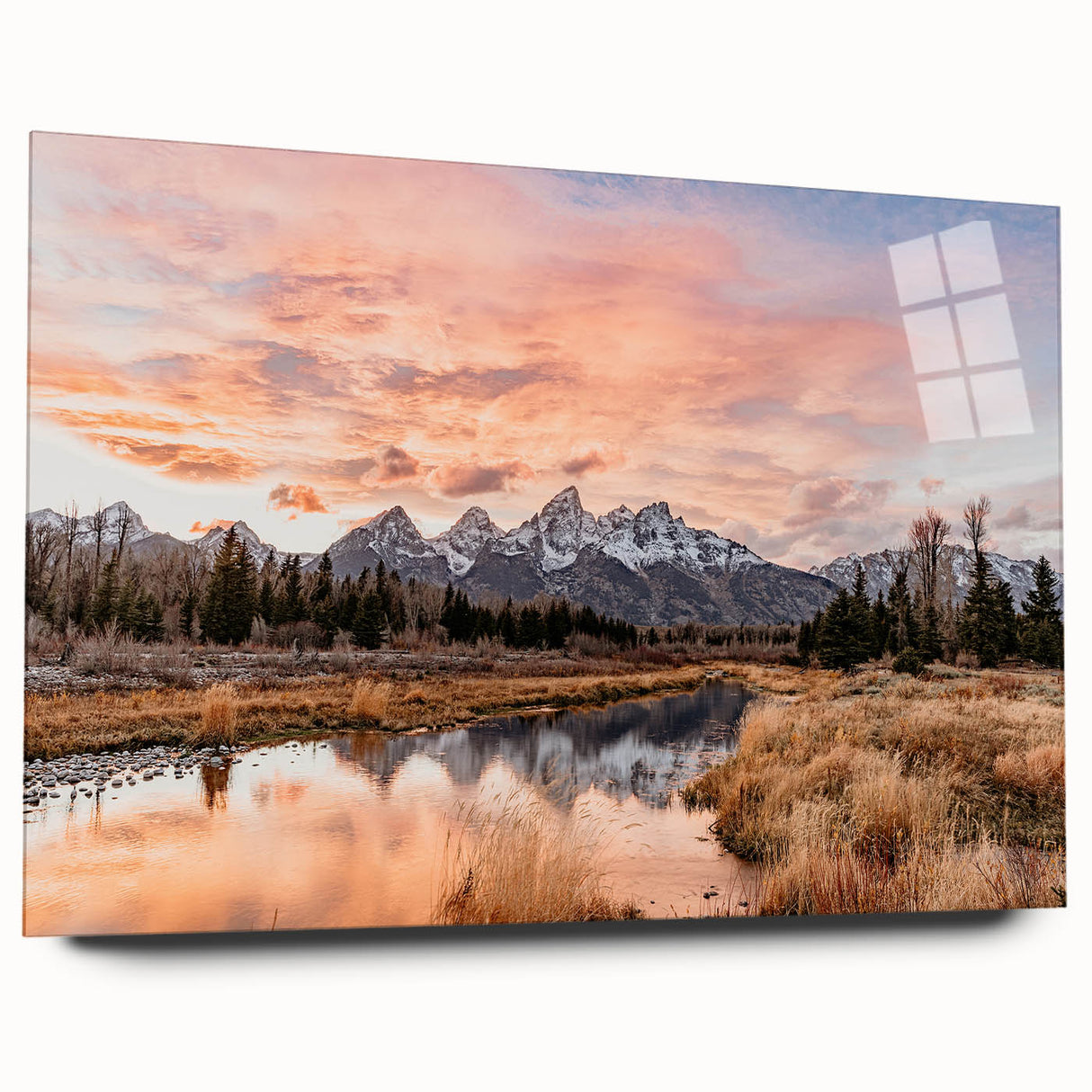 Acrylic print of the Grand Tetons in muted earth tones, ideal for bedroom or dining room art.