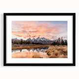 Colorful abstract art print of the Grand Tetons in textured style on extra large framed canvas, ideal for living room decor.