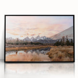 Large abstract wall art depicting the Grand Tetons in muted earth tones, framed in black acrylic, suitable for modern decor.