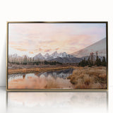 Framed acrylic print of the Grand Tetons with soft, earthy hues, ideal for modern art wall decor or nursery settings.