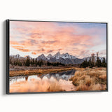 Black and white framed canvas of the Grand Tetons landscape, ideal for bedroom wall decor.