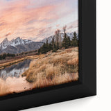 Extra large framed canvas featuring a textured depiction of the Grand Tetons in black with colorful art accents.