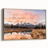 Framed canvas of Grand Tetons landscape in muted earth tones, ideal for bedroom wall art.