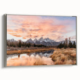 Framed canvas of the Grand Tetons landscape in Wyoming, with a vintage poster style and a palette of muted earth tones.