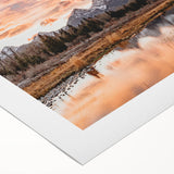 Art deco poster of Grand Tetons landscape in muted earth tones on rolled canvas, suitable for dining room wall.