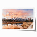 Grand Tetons landscape on a rolled print, featuring lush greens and mountain blues, ideal for dining room wall art.