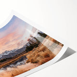Extra large wall art of Grand Tetons scenery with muted earth tones on a rolled print, suitable for large living room decor.